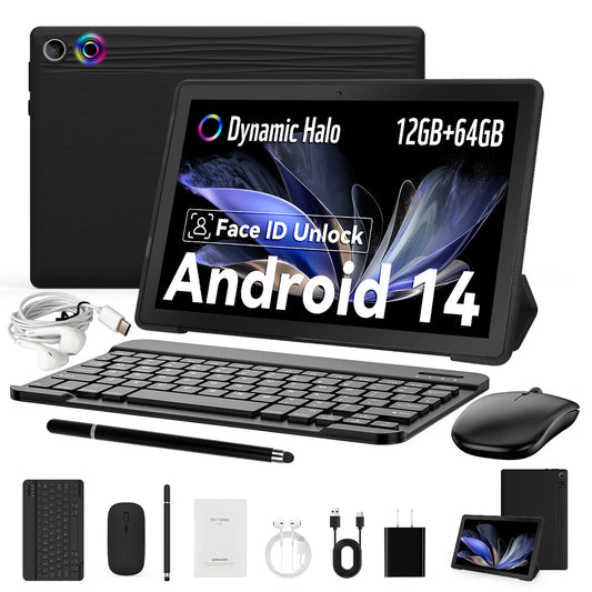 A10L 10.1-Inch Android 14 2-in-1 Tablet – 12GB RAM + 64GB Storage | 1TB Expandable | Octa-Core CPU | WiFi 6 | Keyboard, Mouse & Stylus Set