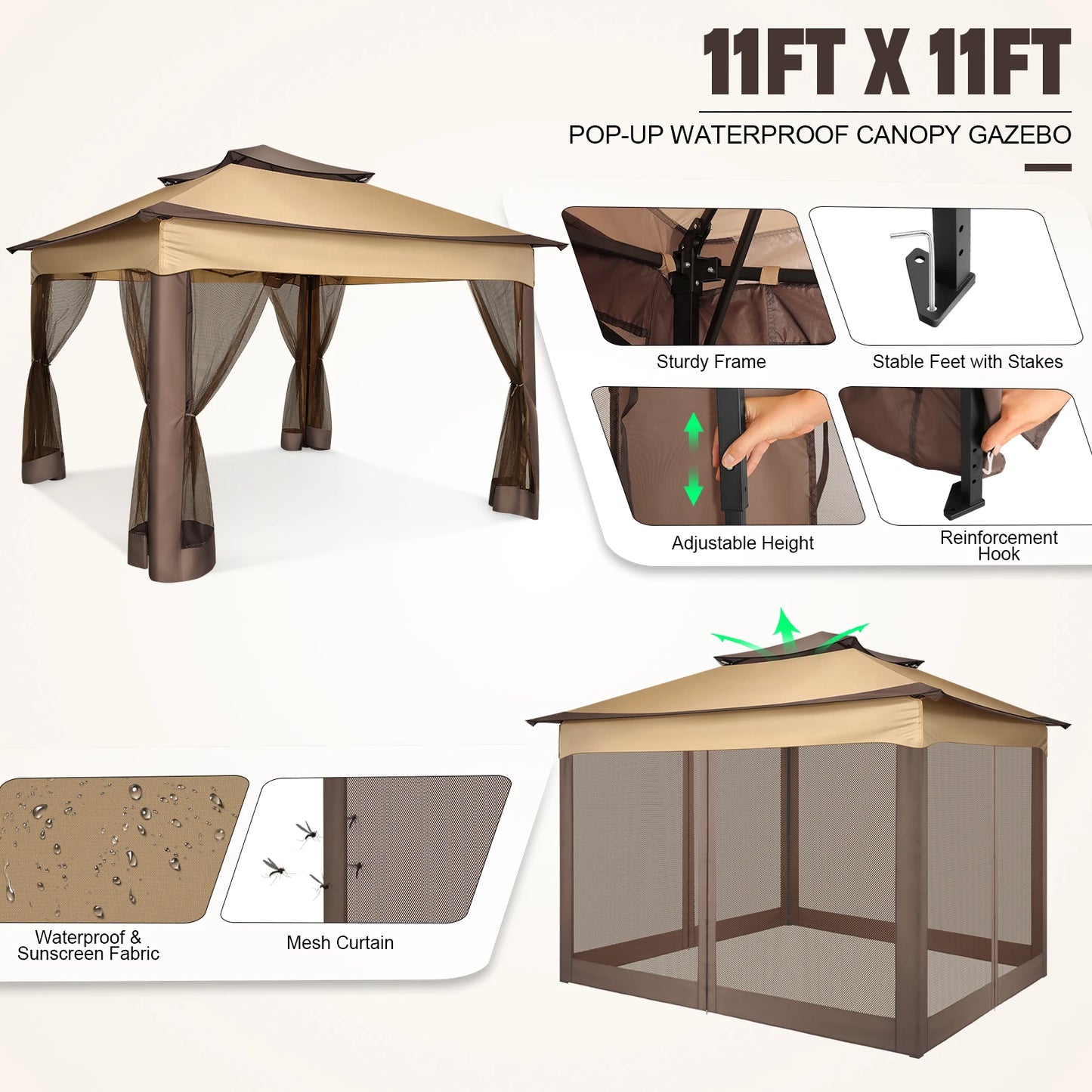 11x11FT Pop Up Gazebo Canopy Tent with Mosquito Netting & Carry Bag