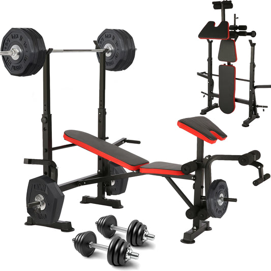 6-in-1 660lbs Adjustable Weight Bench with Squat Rack & Barbell Rack – Multifunctional Bench Press, Preacher Curl, Leg Developer, Foldable Home Gym Strength Training Equipment