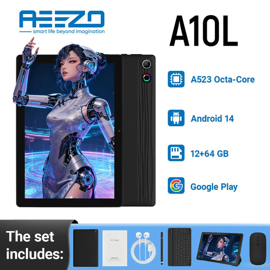 AEEZO A10L 10.1 Inch Android 14 Tablet HD IPS Screen Octa-Core 12GB+64GB Stylus Keyboard Mouse Headphones Tablets Android 2025