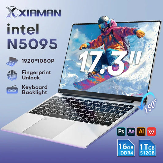 Xiaman 17.3" Gaming Laptop Computer PC Windows 11 Pro Intel Celeron N5095 Laptops Discrete Graphics 16GB RAM 1TB SSD Notebook PC