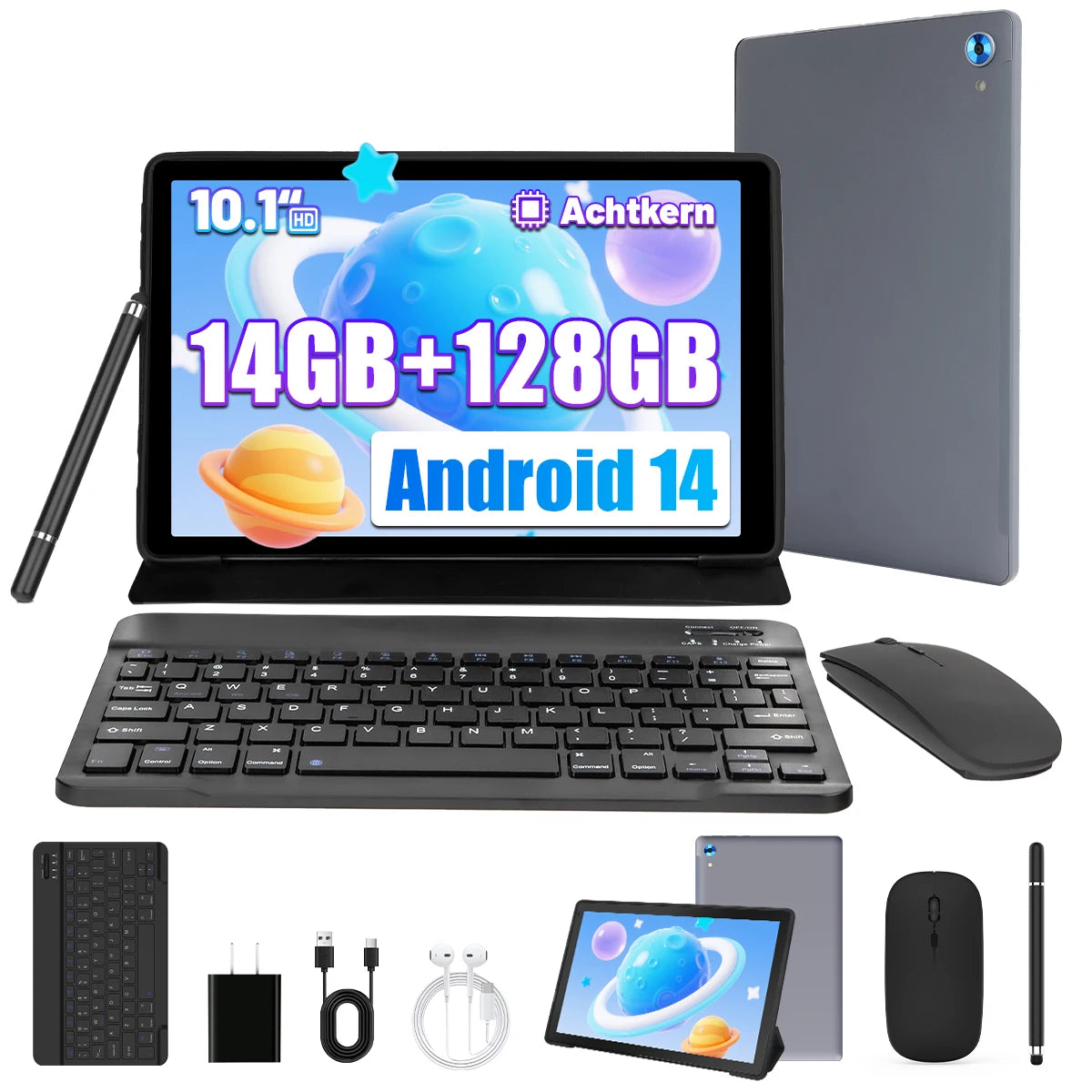 10.1-Inch Android 14 Tablet – 16GB RAM + 128GB Storage + 1TB Expansion | Octa-Core CPU | Stylus, Keyboard & Mouse Bundle