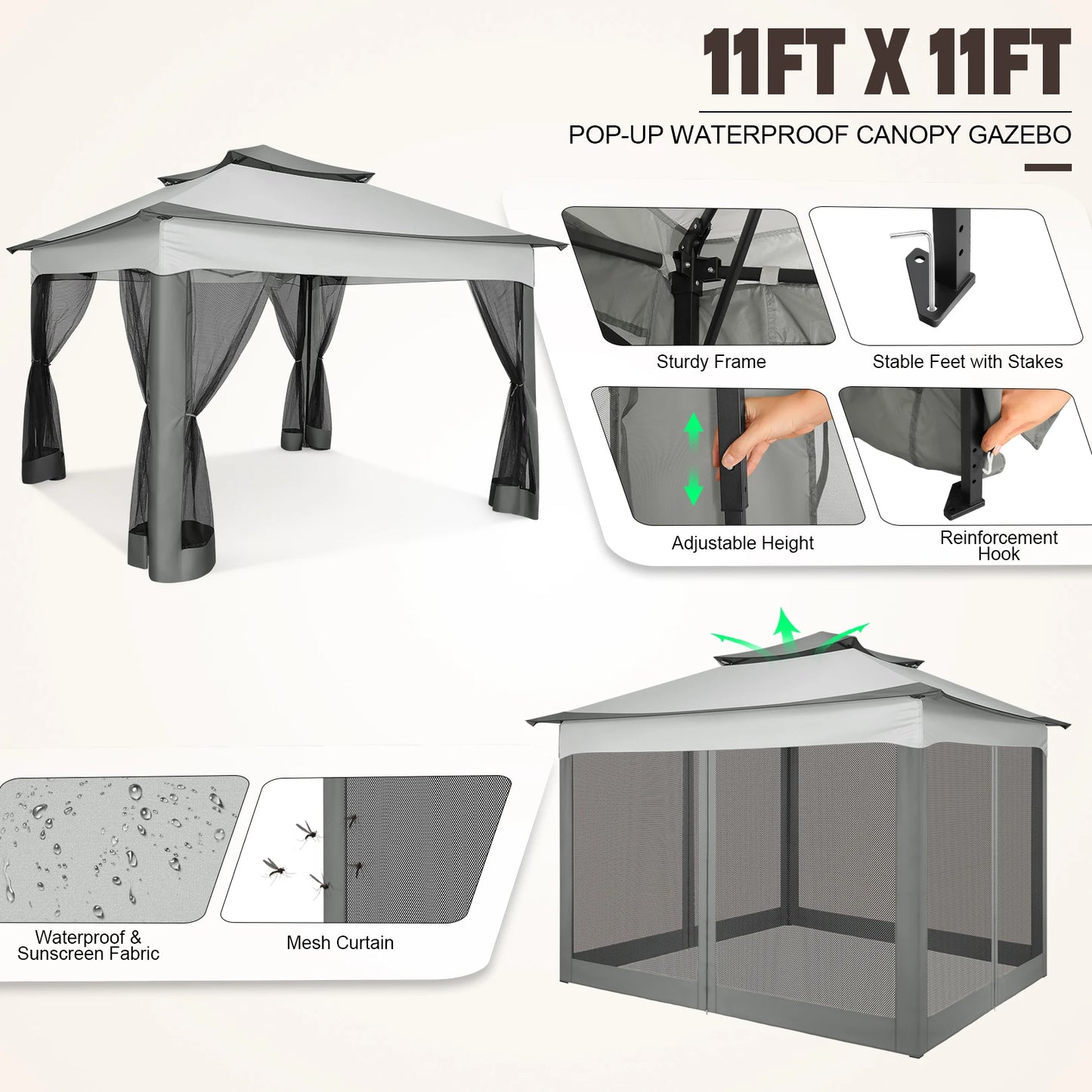 11x11FT Pop Up Gazebo Canopy Tent with Mosquito Netting & Carry Bag