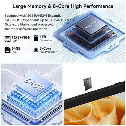 A10L 10-Inch Android 14 Tablet – 12GB RAM + 64GB Storage | Octa-Core CPU | Face Unlock | Keyboard, Mouse & Stylus Bundle