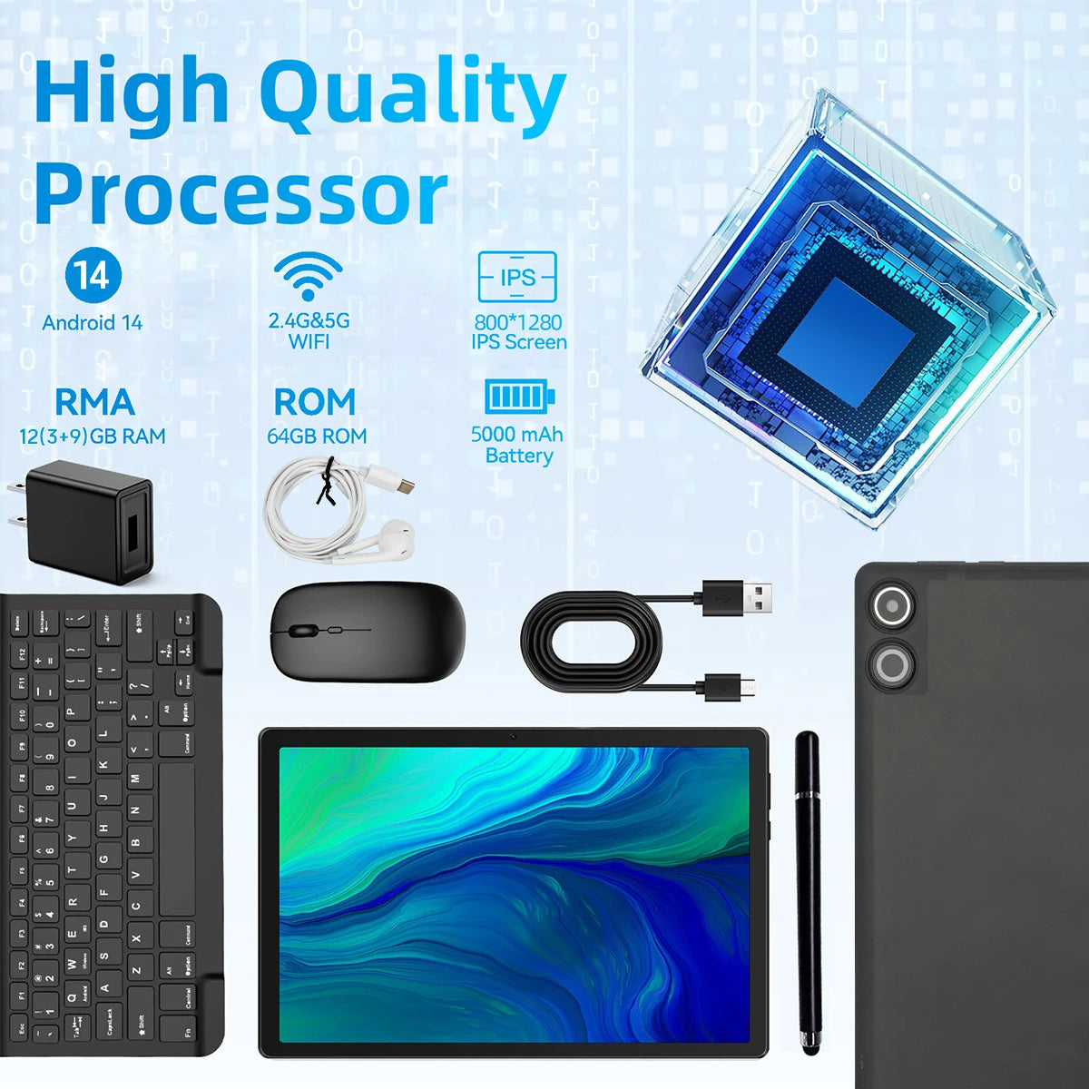 A10L 10-Inch Android 14 Tablet – 12GB RAM + 64GB Storage | Octa-Core CPU | Face Unlock | Keyboard, Mouse & Stylus Bundle