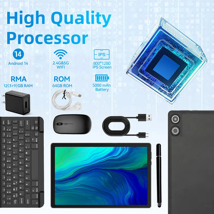 A10L 10-Inch Android 14 Tablet – 12GB RAM + 64GB Storage | Octa-Core CPU | Face Unlock | Keyboard, Mouse & Stylus Bundle