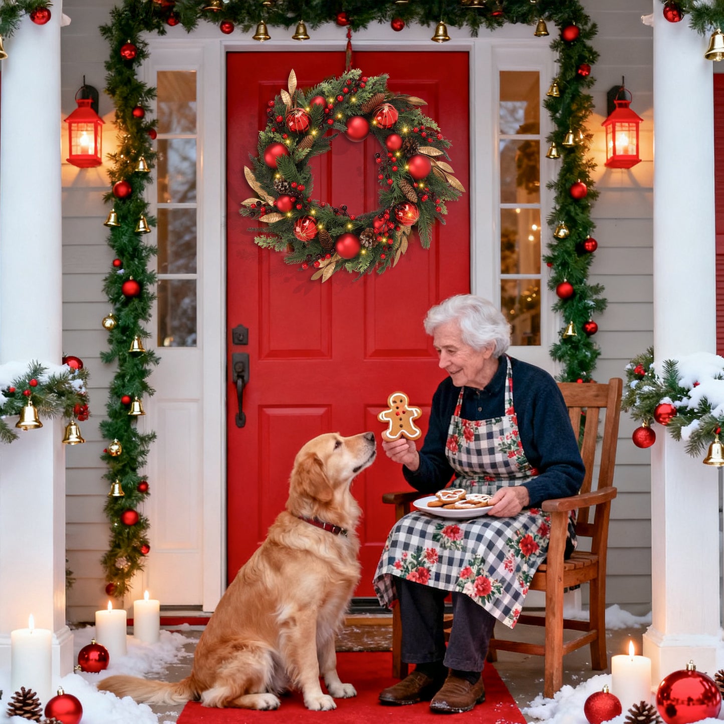 Battery Operated Christmas Wreath 24 Inch  No Cords Needed  50 LED Lights & Shatterproof Berry/Ball Decor, Perfect for Outdoor F