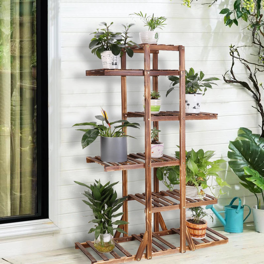 6 Tier Wooden Plant Stand Carbonized Wood Flower Pot Rack for Indoor & Outdoor Display