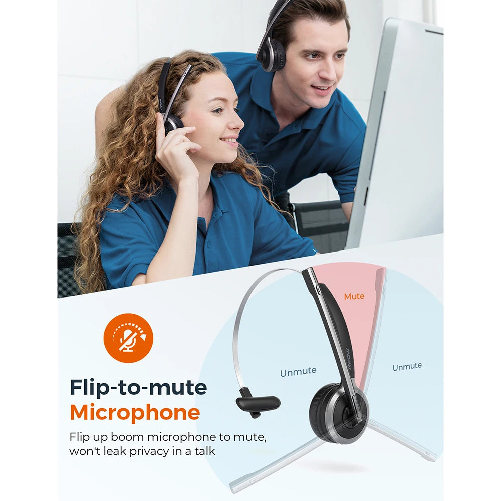 Mpow M5 Pro Bluetooth 5.0 Headphones with Mic & Charging Base – Wireless Headset for PC, Laptop, Call Center & Office Use