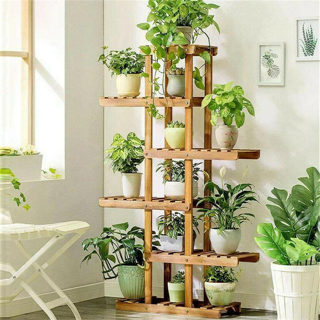 6 Tier Wooden Plant Stand Carbonized Wood Flower Pot Rack for Indoor & Outdoor Display