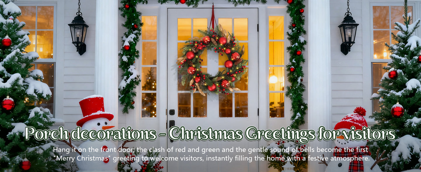 Battery Operated Christmas Wreath 24 Inch  No Cords Needed  50 LED Lights & Shatterproof Berry/Ball Decor, Perfect for Outdoor F