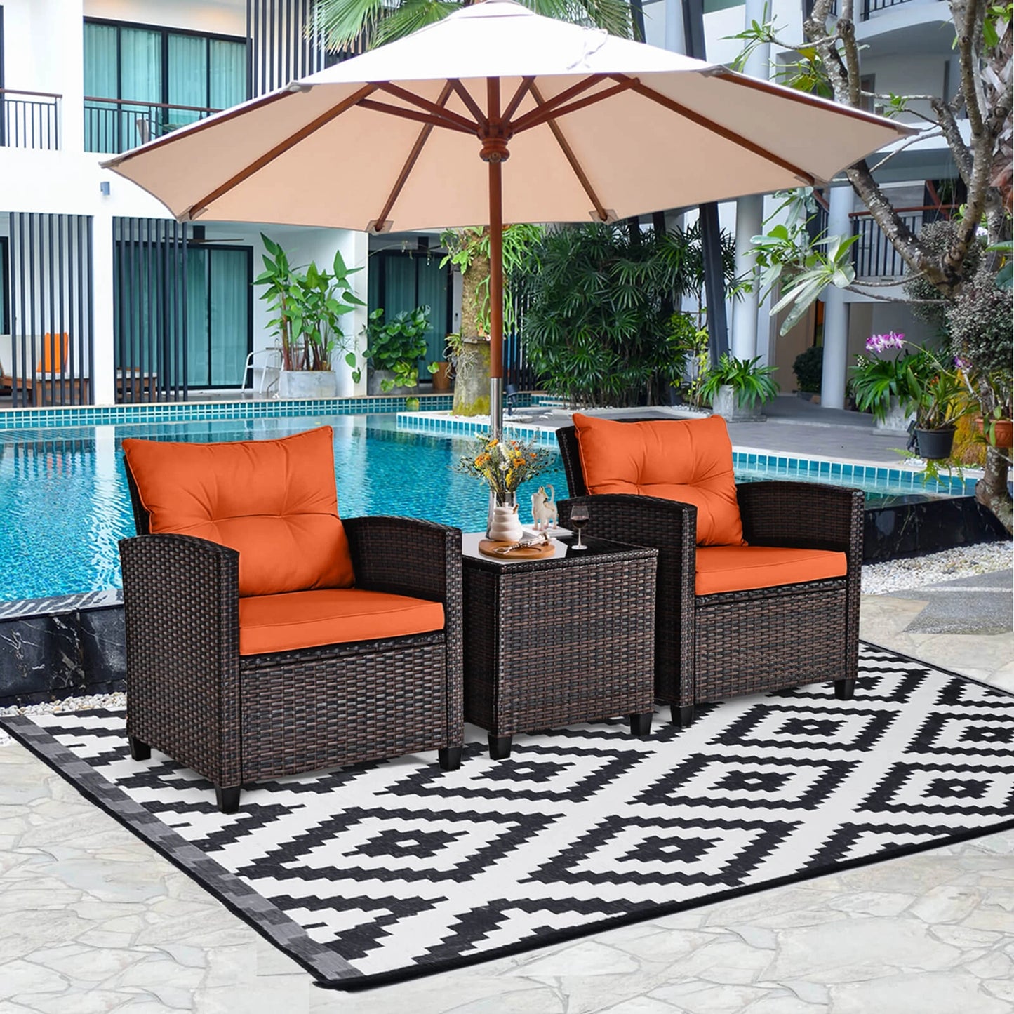 3-Piece Rattan Patio Furniture Set with Cushions and Tempered Glass Table – Outdoor Wicker Conversation Set for Balcony, Garden, or Porch – Orange Cushions
