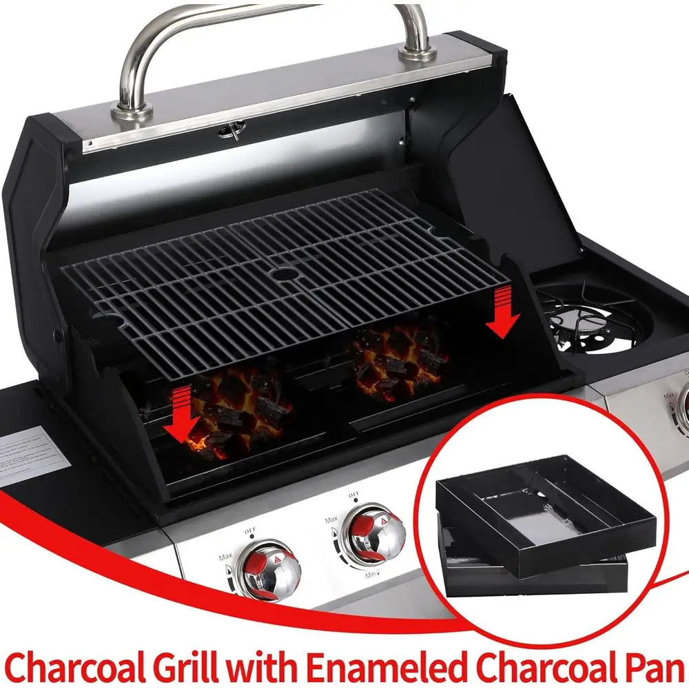 GRIDDLE GRILL COMBO – PROPANE GAS AND CHARCOAL GRILL, OUTDOOR BBQ GRILLS, 4 BURNER PROPANE STOVE WITH GRIDDLE, CAST IRON GRATES
