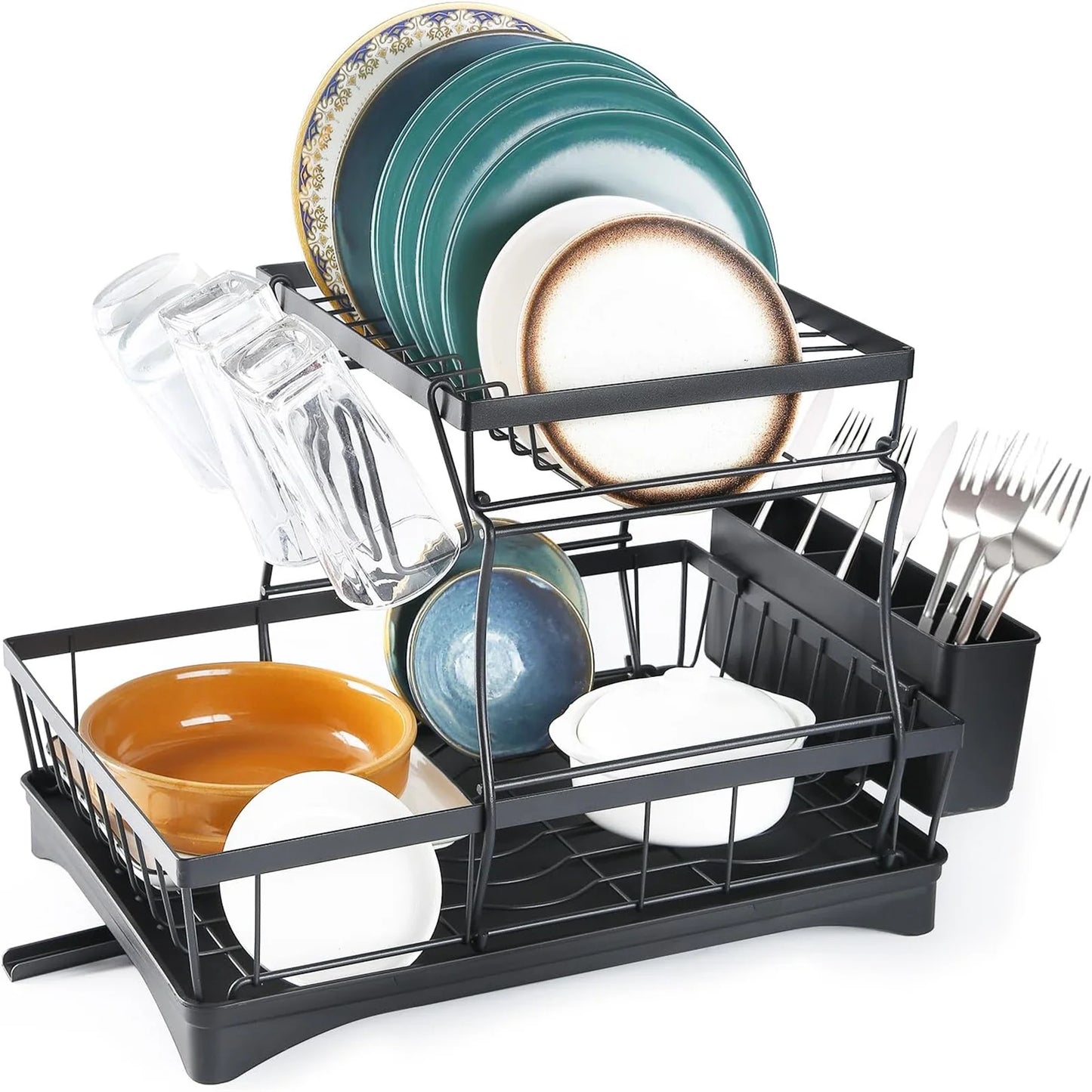 2-Tier Stainless Steel Dish Drying Rack | Large Countertop Organizer with Drainer & Cutlery Holder