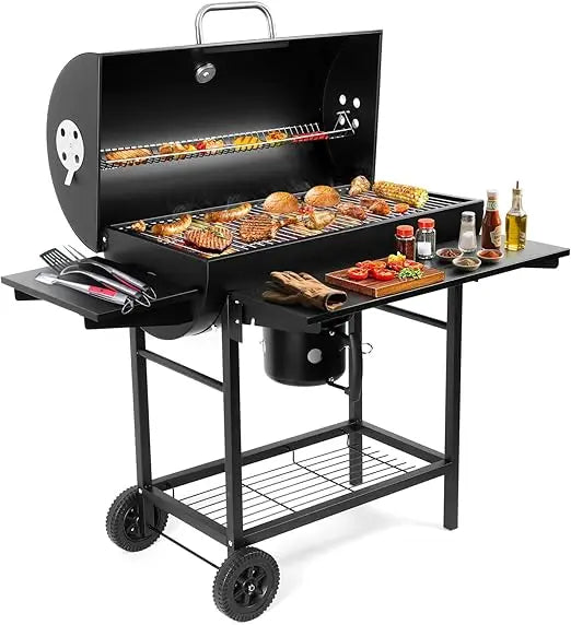Outdoor Barrel Charcoal BBQ Grill with Side Table and Wheels – High-End Smoker Combo