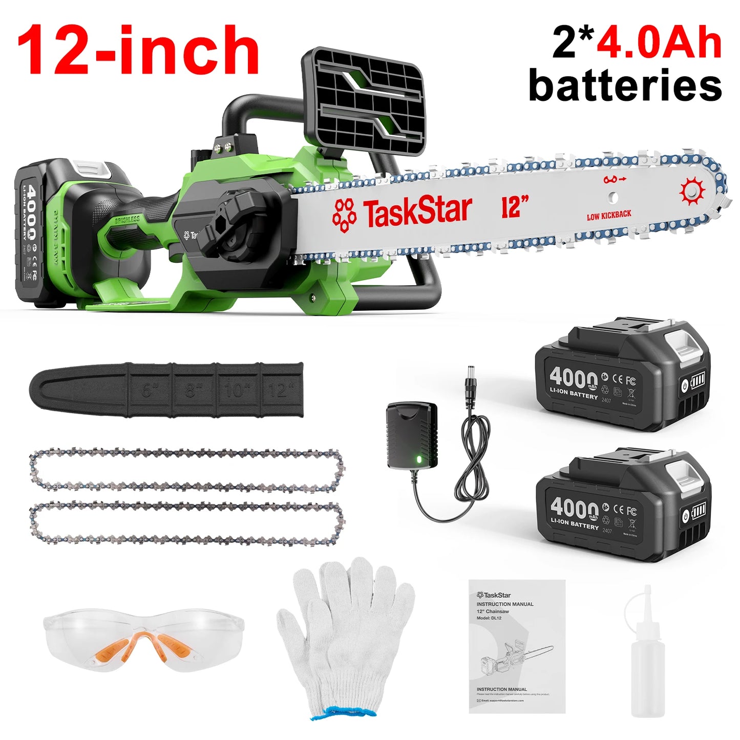 TaskStar 12" Cordless Electric Chainsaw with 2 x 4000mAh Batteries – Brushless Motor, Tool-Free Tensioning, Lightweight & Portable