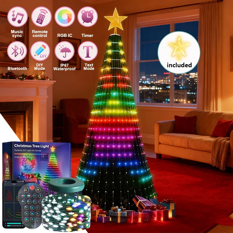 Waterproof  Smart APP Control LED Waterfall Christmas Tree String Lights with Star Topper for Christmas Party Holiday Decoration