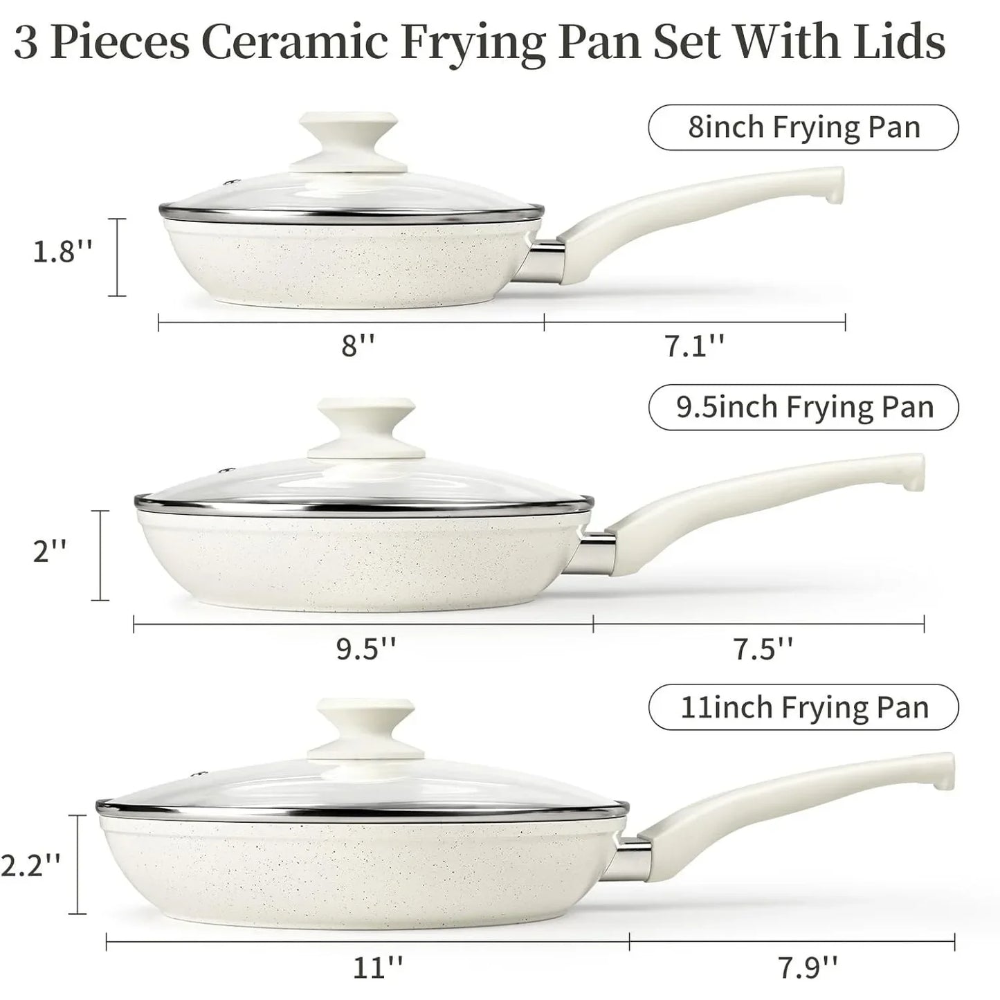 3-Piece Ceramic Nonstick Frying Pan Set with Lids – White Marble Coating, Induction-Ready, Toxin-Free, Oven-Safe up to 302°F