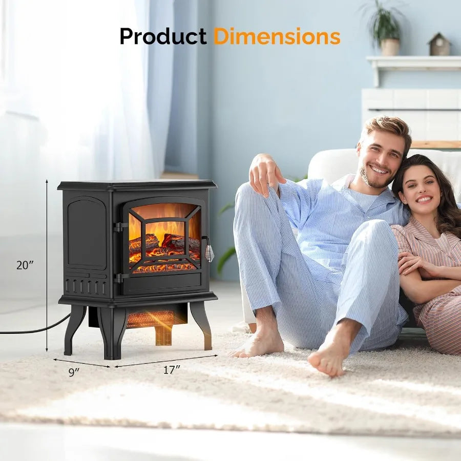 Electric Fireplace Stove Space Heater – 20" Freestanding – 1400W – Realistic Flame Logs – Thermostat – Tip‑Over & Overheat Protection – Black