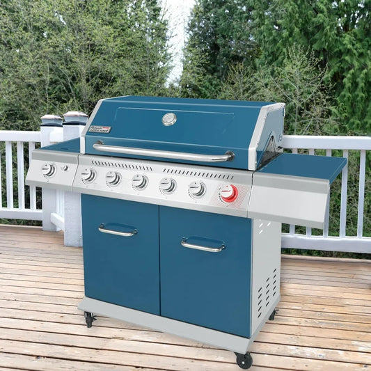 Royal Gourmet GA6402B 6 Burner Propane Gas Grill with Side Burner and Warming Rack, 74,000 BTUs, Cabinet Style Gas BBQ Grill for