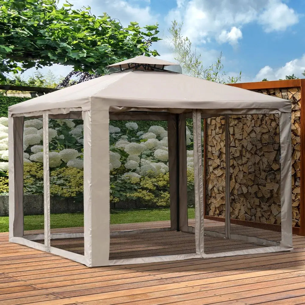 2-Tier Patio Gazebo with Mesh Walls and Steel Frame – Taupe