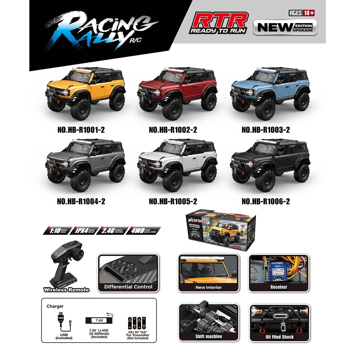 1/10 HB RC Crawler 4WD RTR Rock Off-Road Vehicle – Metal Gears, LED Lights, 2-Speed, Remote Control Truck for Adults