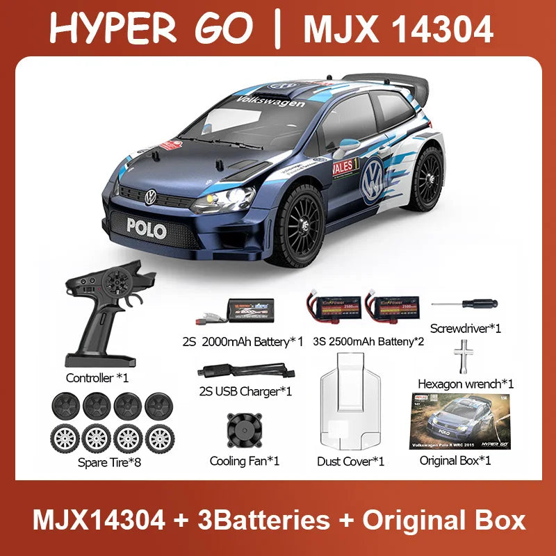 MJX Hyper Go 14304 1:14 Volkswagen Polo R WRC Brushless RC Car – 42KM/H Drift Rally Racer with Gyro, Lights & Metal Chassis