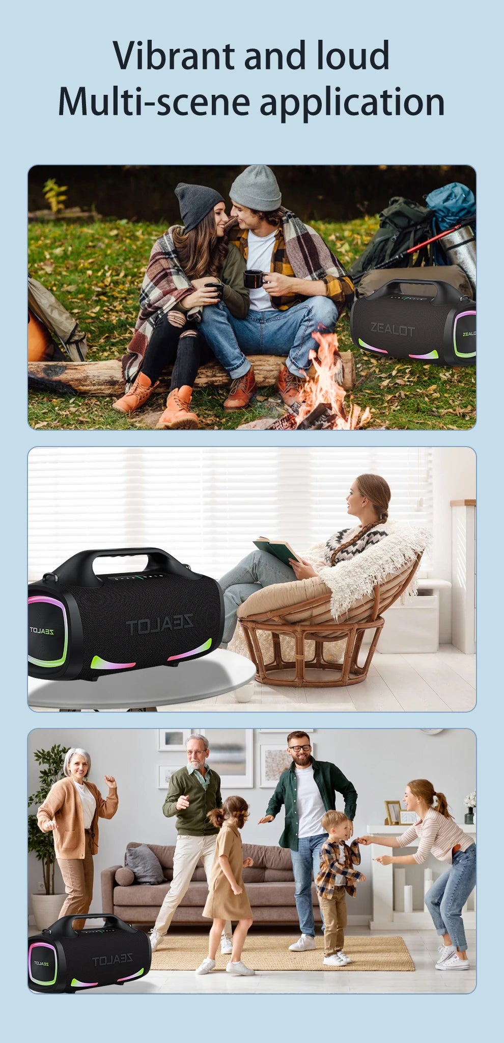 ZEALOT 100W Portable Bluetooth Subwoofer Speaker – 24000mAh Battery, RGB Lights, Waterproof, Wireless Pairing