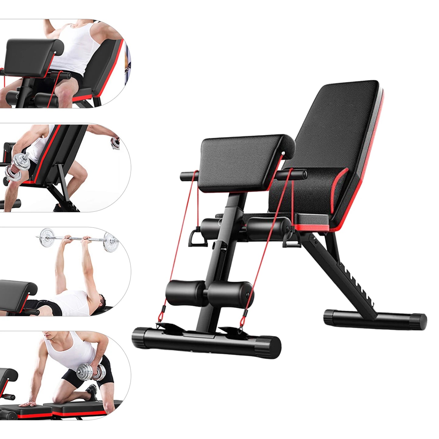 Adjustable Weight Bench with Cushion Support and Resistance Bands