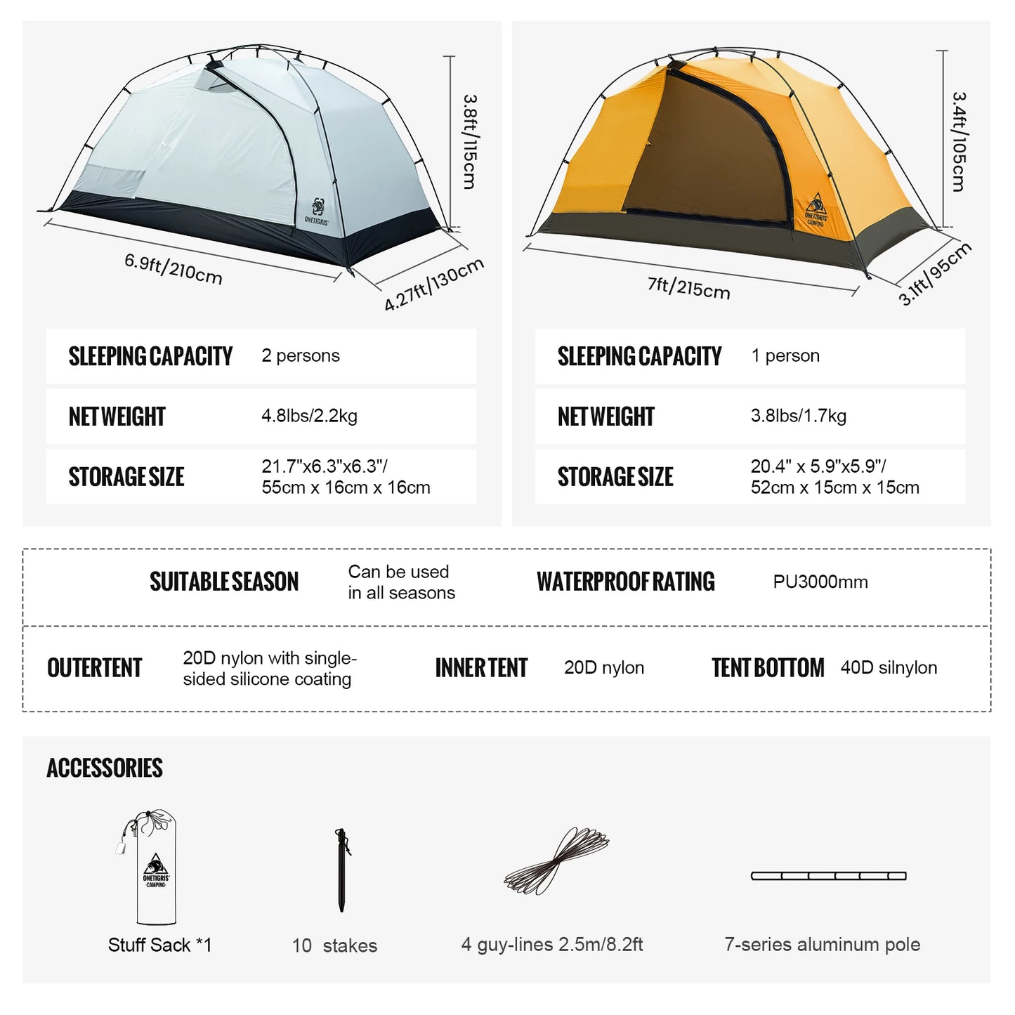 OneTigris STELLA 4 Season Camping Tent – Lightweight Waterproof Backpacking Tent for 1-2 Person Outdoor Adventures