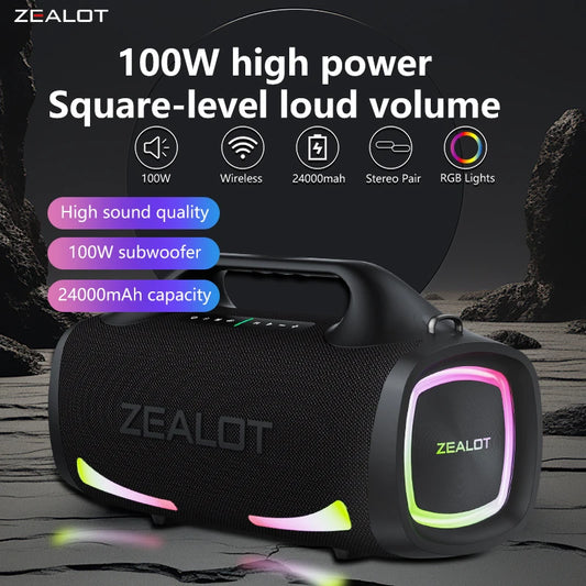 ZEALOT 100W Portable Bluetooth Subwoofer Speaker – 24000mAh Battery, RGB Lights, Waterproof, Wireless Pairing