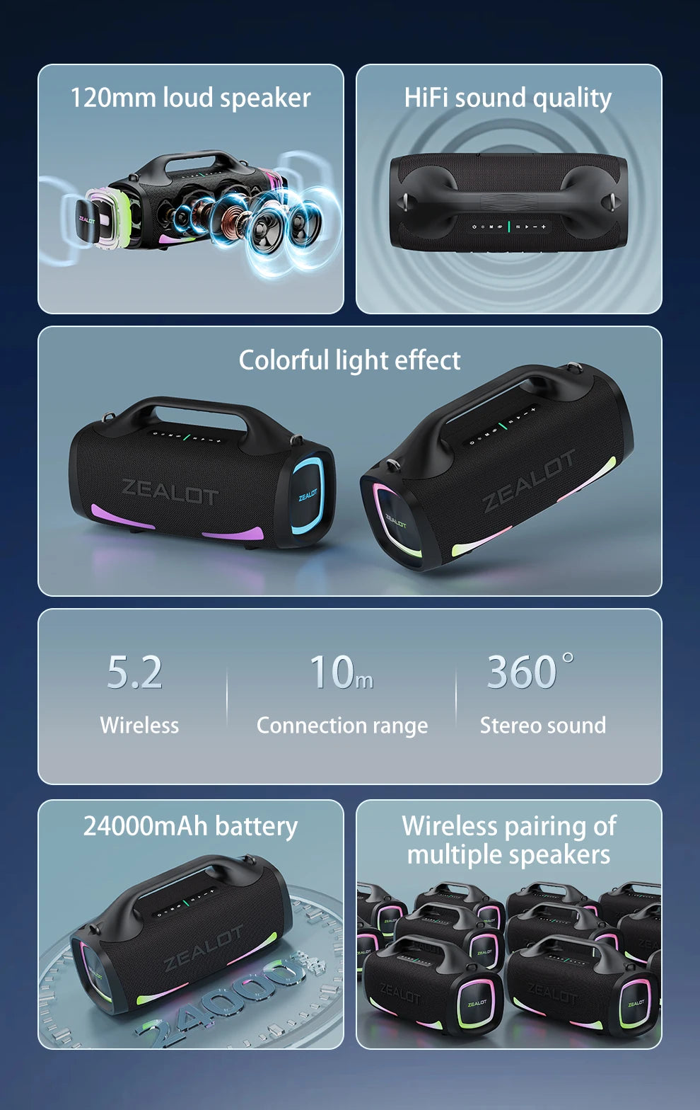 ZEALOT 100W Portable Bluetooth Subwoofer Speaker – 24000mAh Battery, RGB Lights, Waterproof, Wireless Pairing