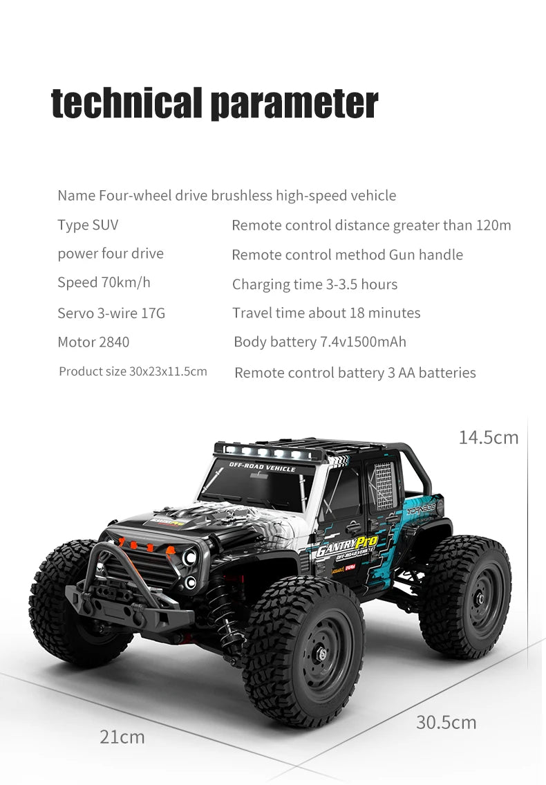 Teeggi 16101 / 16102 PRO 1:16 RC Drift Car – 70KM/H Brushless 4WD Off-Road Monster Truck with LED Lights