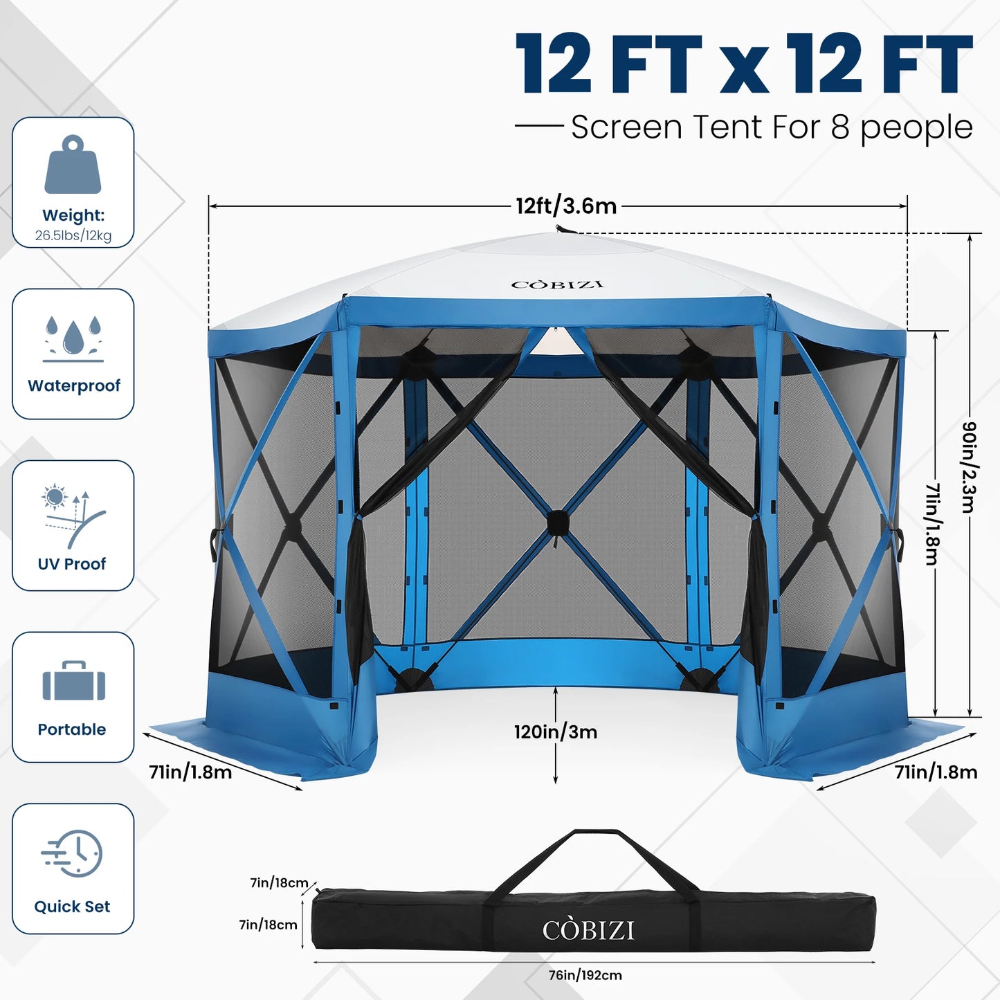 Cobizi 12x12ft Pop-Up Gazebo Screen Tent – 6-Sided Portable Outdoor Canopy Shelter with Mosquito Netting