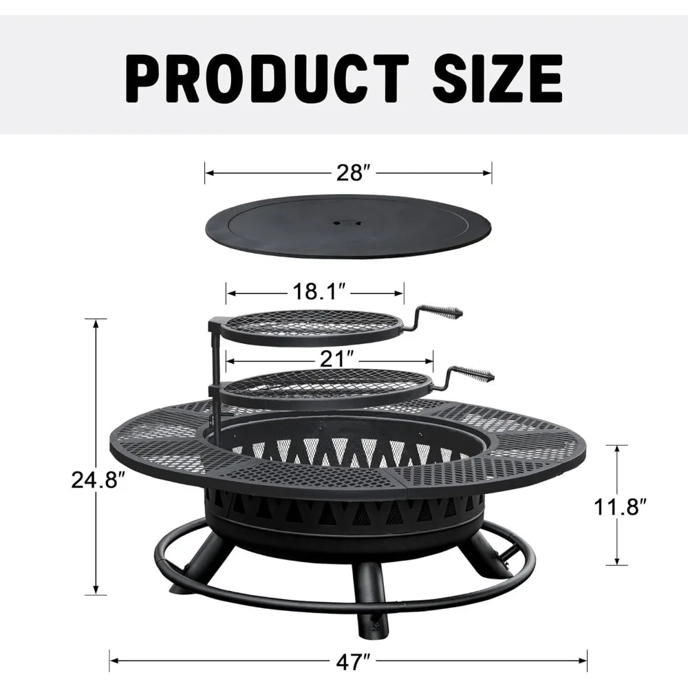 47 Inch Fire Pit with 2 Grills, Outdoor Extra Large Firepits for Outside, Wood Burning Fireplace for Camping, Picnic, Bonfire