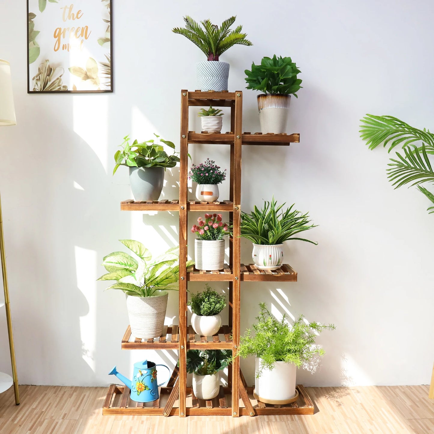 6 Tier Wooden Plant Stand Carbonized Wood Flower Pot Rack for Indoor & Outdoor Display