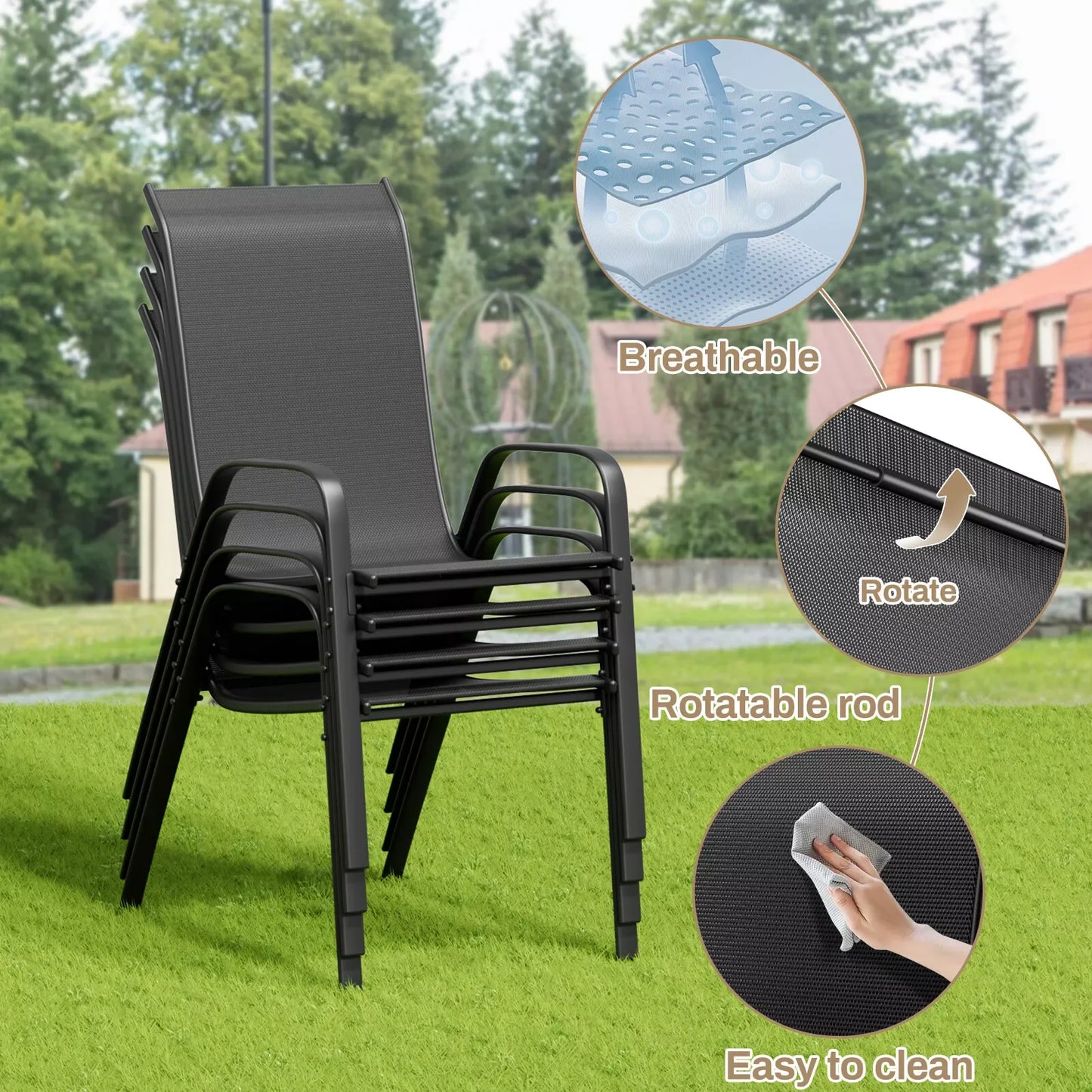 5-Piece Patio Dining Set Outdoor Furniture with Stackable Textilene Chairs & Glass Table