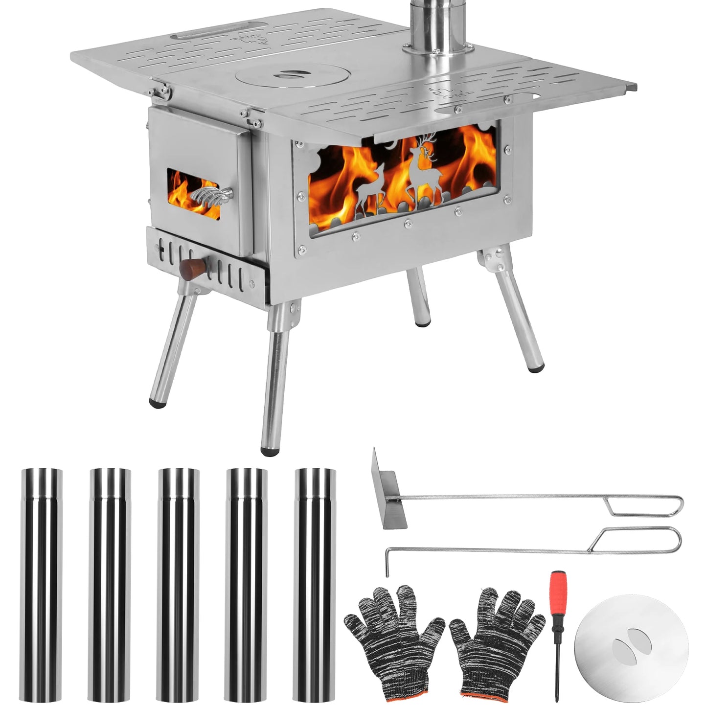 Portable Wood Burning Stove – Stainless Steel Tent Stove with Chimney Pipe & Pellet Burner for Outdoor Cooking