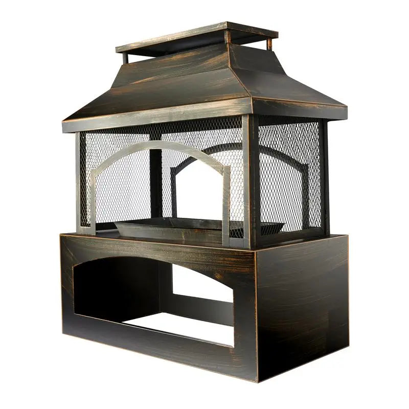 37" Outdoor Fire Pit with Wood Storage, Large Wood-Burning Fireplace with Chimney, Mesh Spark Screen & Fire Poker, Perfect for