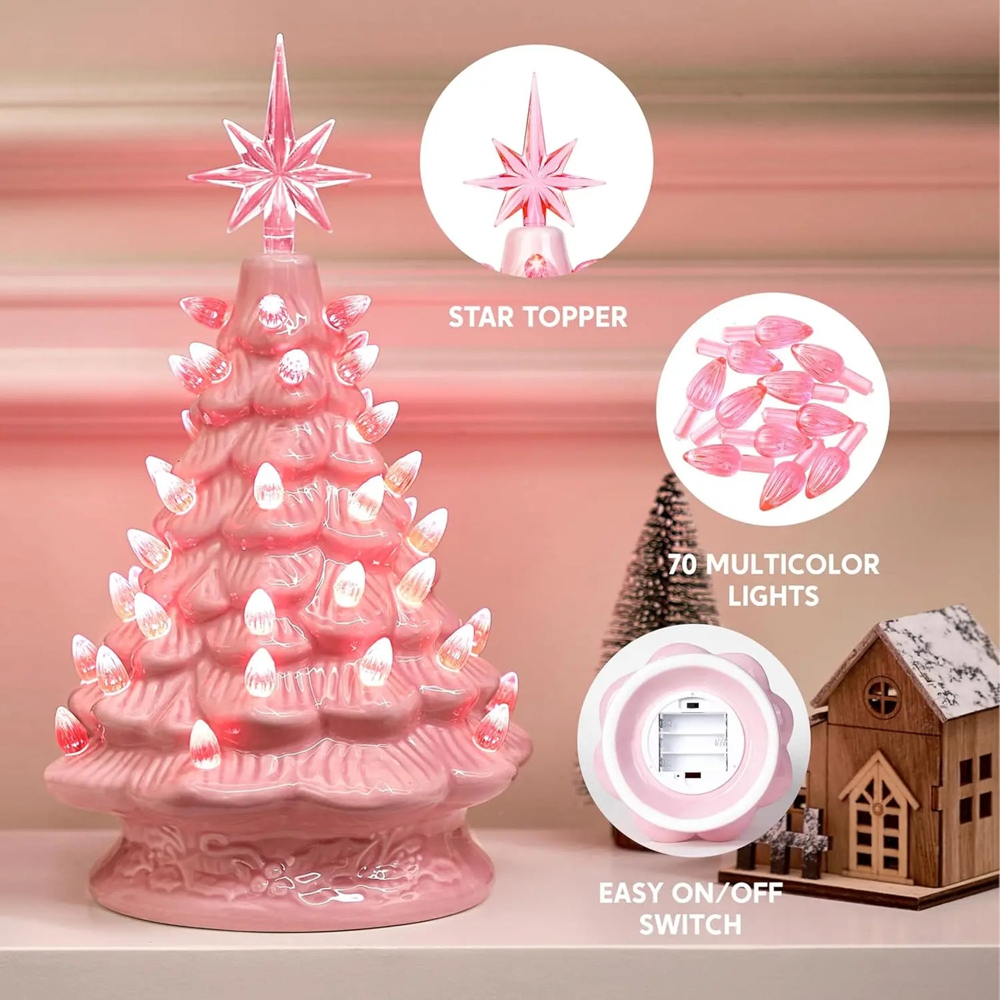 12" Pink Ceramic Prelit Tabletop Christmas with Extra PinkTop Star Christmas Decor