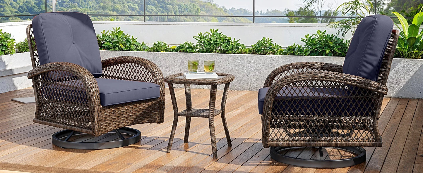 3-Piece Patio Bistro Set with Swivel Rocking Chairs & Glass Coffee Table