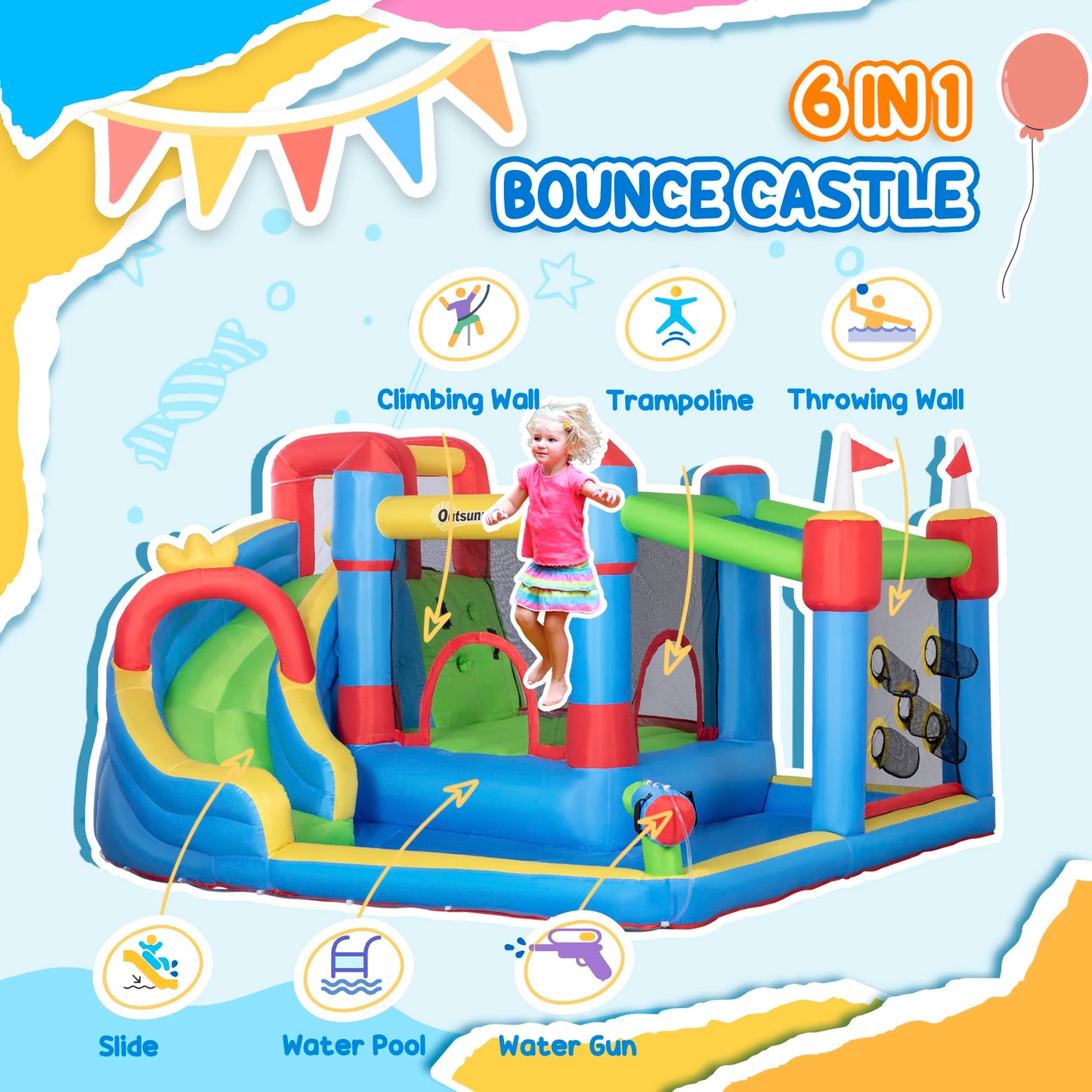 6-in-1 Inflatable Bounce Castle with Slide, Trampoline, Climbing Wall & Water Pool – Outdoor Kids Water Park Playhouse