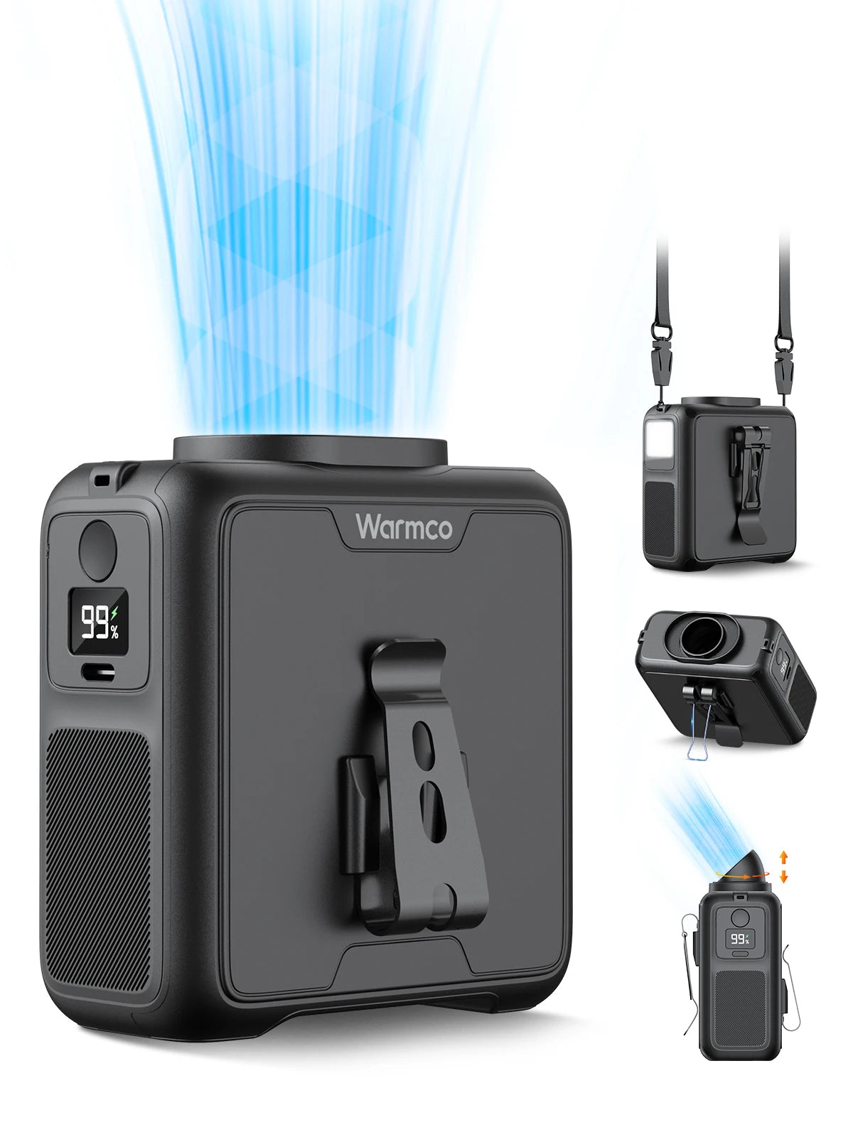 Warmco Portable Waist Fan 10000mAh Rechargeable 4-Speed Belt Clip-On Personal Neck Fan with Flashlight & Power Bank