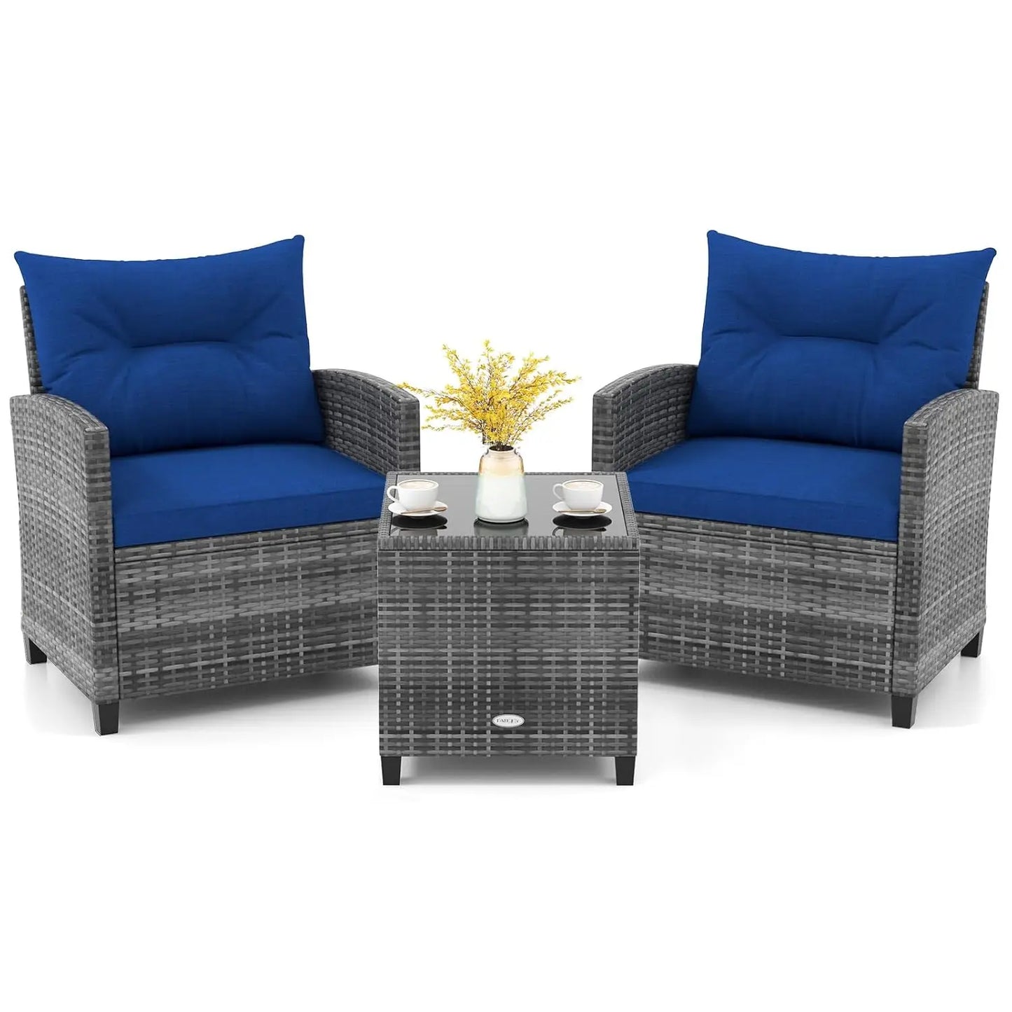 3-Piece Patio Furniture Set Outdoor PE Rattan Conversation Set with Cushions & Glass Table
