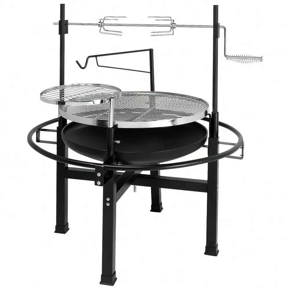 Heavy Duty Cast Iron Charcoal Grill Tabletop BBQ Grill Stove for Camping & Picnics – Adjustable Height & Rotisserie – 33” Round Cooking Area – 108cm Tall