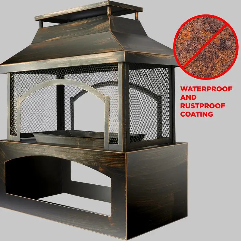 37" Outdoor Fire Pit with Wood Storage, Large Wood-Burning Fireplace with Chimney, Mesh Spark Screen & Fire Poker, Perfect for