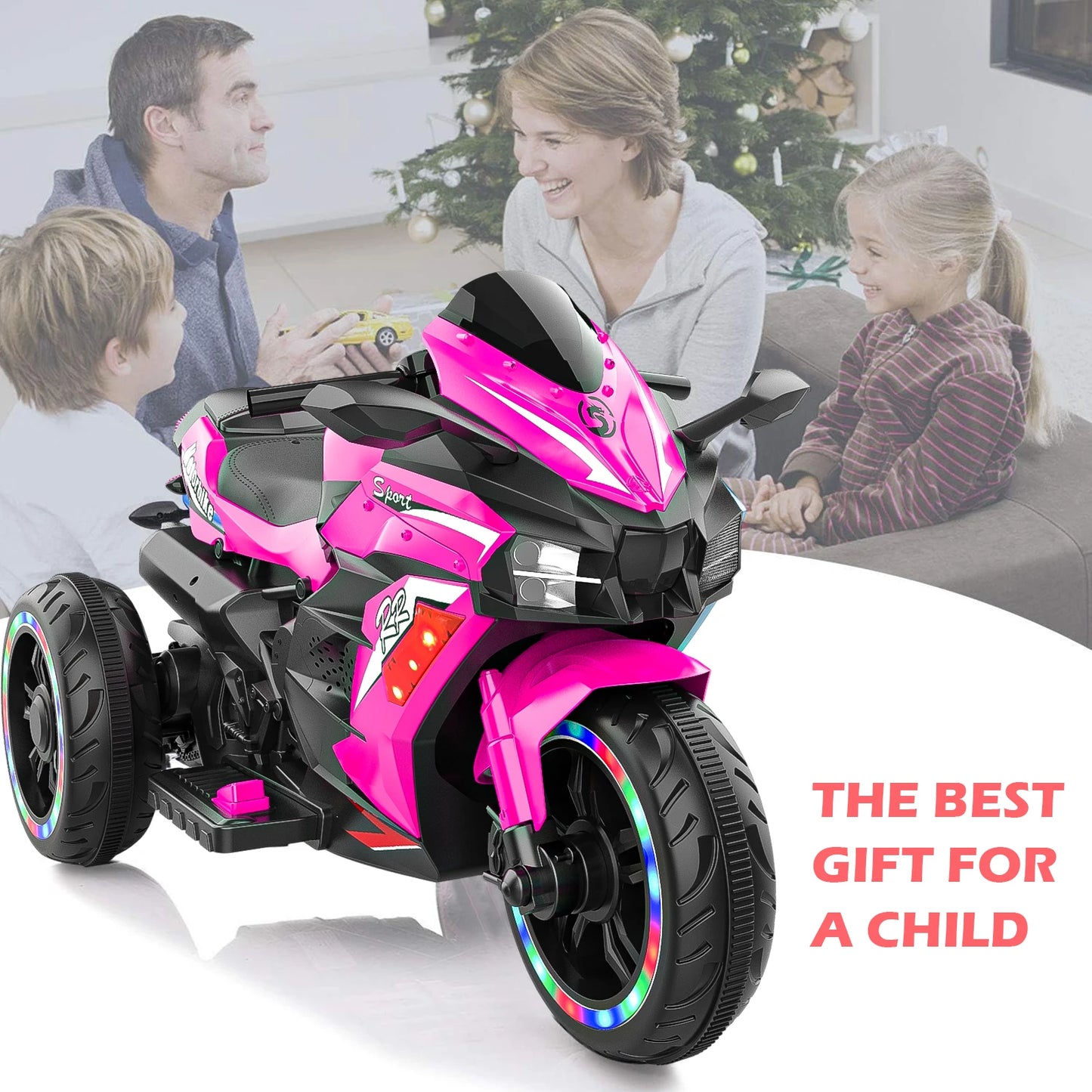 12V Electric Ride-On Motorcycle for Kids with LED Wheels, Music, & Bluetooth – Pink 3-Wheel Trike