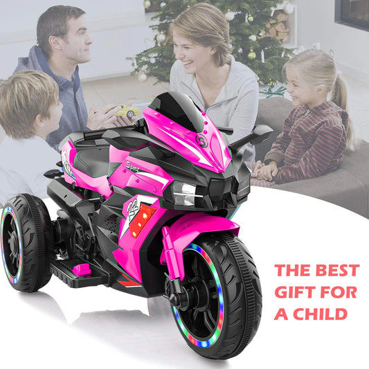 12V Electric Ride-On Motorcycle for Kids with LED Wheels, Music, & Bluetooth – Pink 3-Wheel Trike