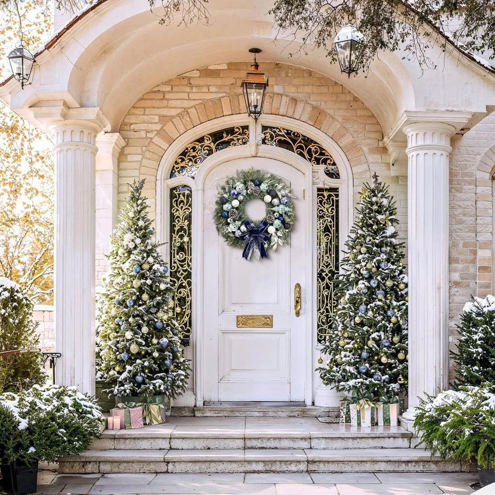 Large Outdoor Lighted Christmas Wreath with Silvery Blue Accents for Front Door, 24 Inch Pre-Lit Holiday Decoration