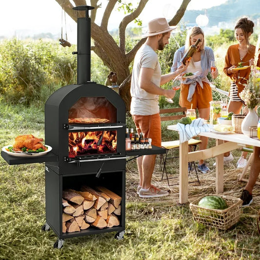 Giantex Pizza Oven Outdoor - Wood Fired Pizza Oven with 2 Side Tables Pizza Stone Pizza Peel Cover Cooking Grids Pizza Maker on